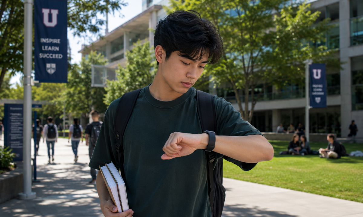 uni student checking his smartwatch